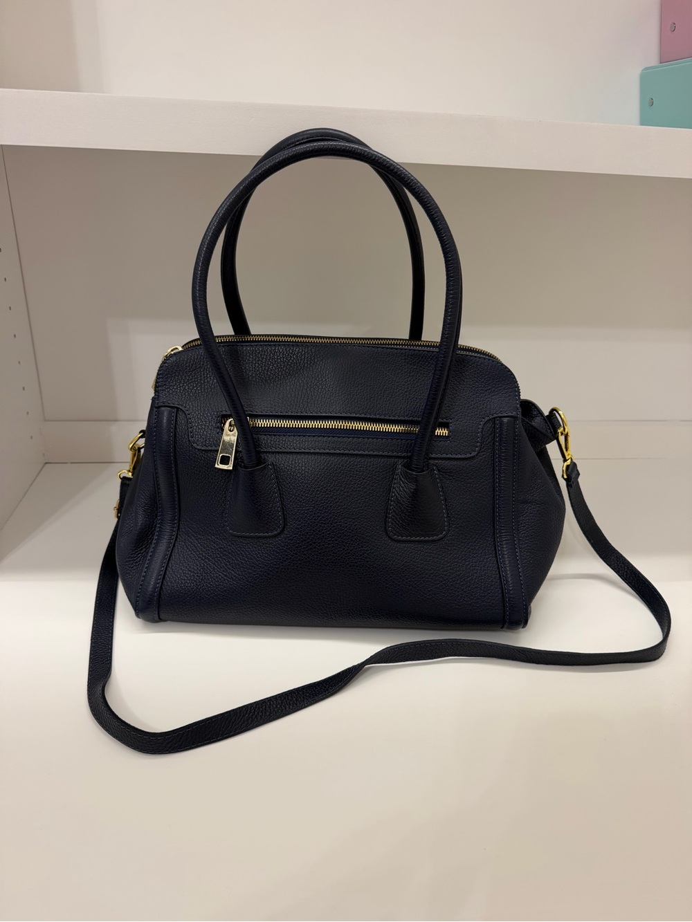 Classic Navy Genuine Italian Leather Satchel Handbag.
